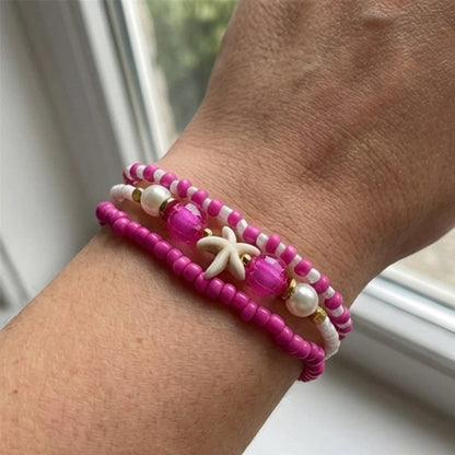 Handmade Hot Pink White Beaded Bracelet Set, Starfish Charm, Boho Ocean Jewelry