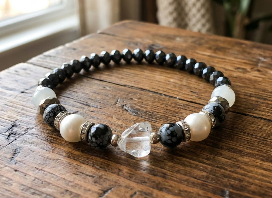 Handmade Beaded Bracelet – Faceted Jet Black & White Pearl-Style Beads, Monochrome Boho Chic Jewelry
