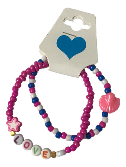 Handmade Love & Shell Beaded Friendship Bracelet Set – Pink Star, Pastel Shell Charm & Letter Beads “LOVE,” Jewelry Gift for Kids/Teens