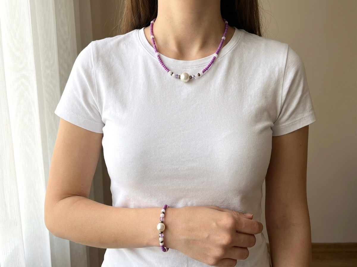 Purple Beaded Necklace and Bracelet Set Faux Pearl Charm Jewelry Coquette Aesthetic Pastel Choker