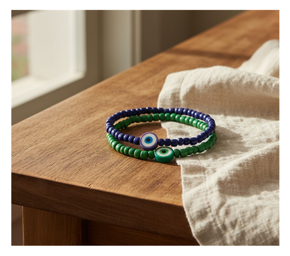 Handmade Indigo and Emerald Green Beaded Bracelets with Candy-like Charm