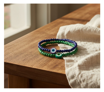 Handmade Indigo and Emerald Green Beaded Bracelets with Candy-like Charm