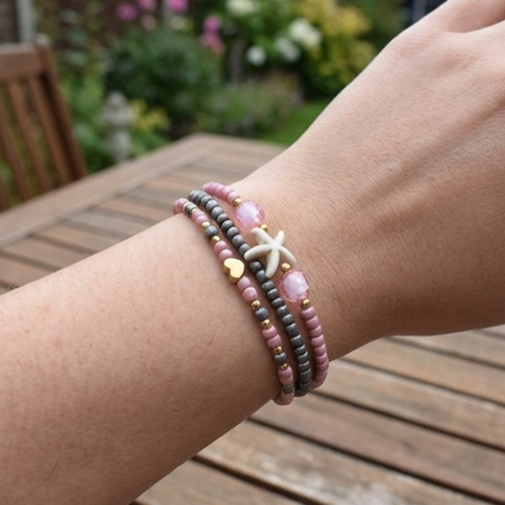 Handmade Pink Gray Gold Beaded Bracelet Set, Starfish & Heart Charms, Boho Ocean Jewelry