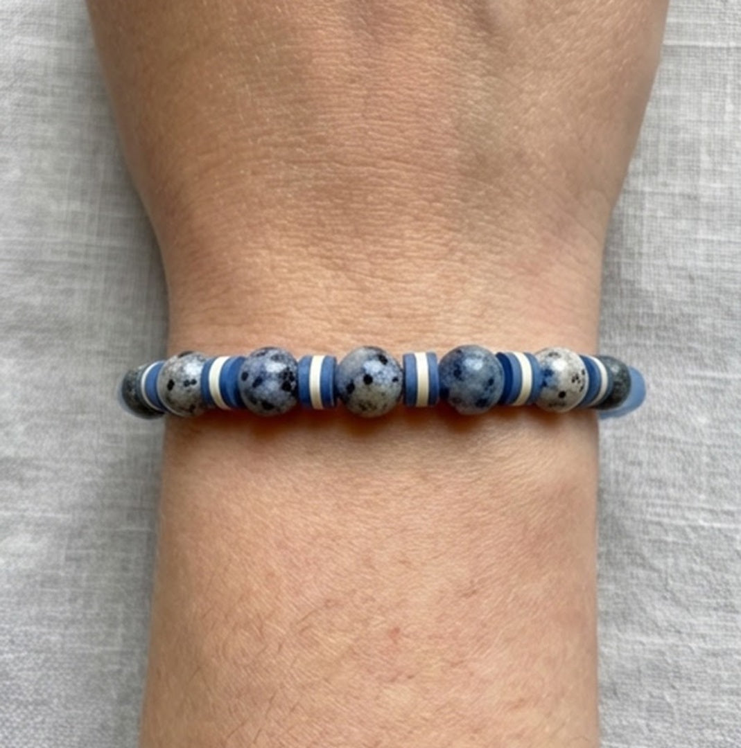 Handmade Bracelet – K2-Style & Azurite-Like Granite Beads with Blue & White Heishi Polymer Clay Spacers – Boho Style