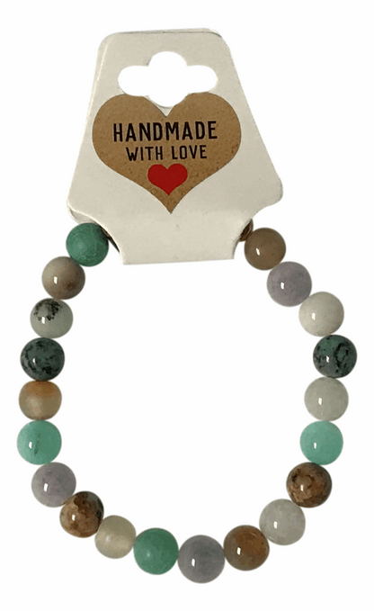 Earth Tone Beaded Bracelet - Green Brown Gemstone Smooth Round Natural Stone Stretch Crystal Jewelry Gift for Women