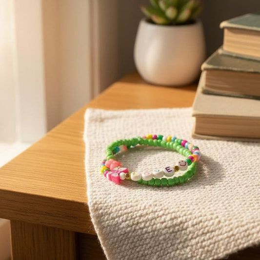 Y2K Smile Beaded Bracelet Stack, Rainbow Green Aesthetic Jewelry,  Playful Happy Face Letter Beads
