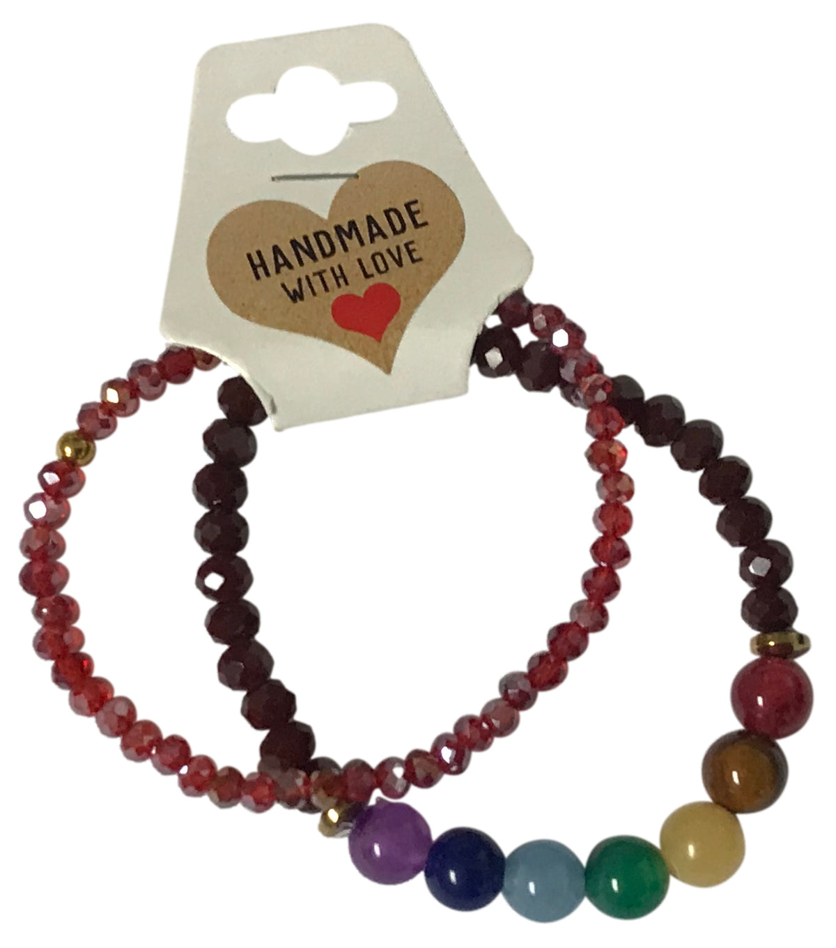 Set of beaded bracelets on a card with 'Handmade with Love' text
