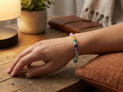 Hand wearing a colorful beaded bracelet on a wooden surface with a blurred background