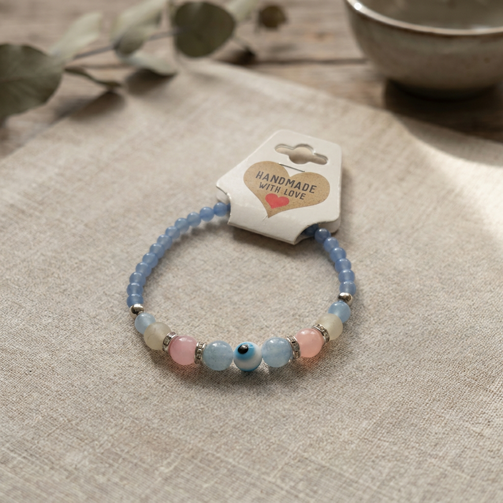Angelite and Rose Quartz Evil Eye Bracelet Handmade Spiritual Gift Protection Blue Gemstone Beaded Natural Stone Jewelry