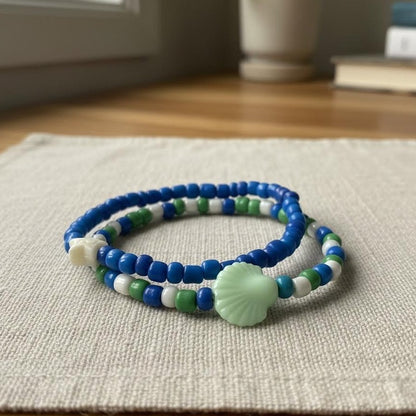 Blue & Green Ocean Bead Bracelet Set, Sea Shell & Starfish Charm Stack, Coastal Beach Jewelry Gift