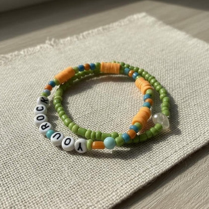 Green and Orange You Rock Letter Beads Bracelet Set, Handmade Stackable Jewelry, Personalized Gift For Her
