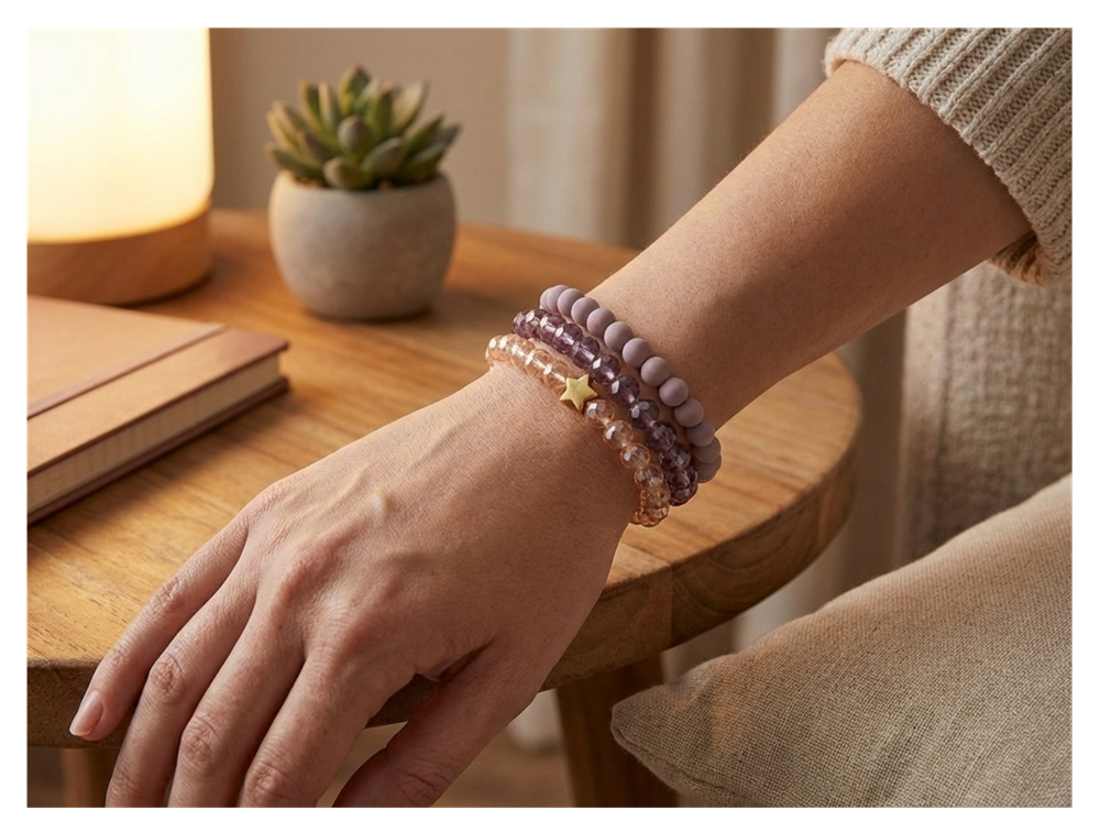 Handmade with Love Lavender and Crystal-style Beaded Bracelet Set