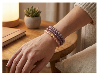 Handmade with Love Lavender and Crystal-style Beaded Bracelet Set