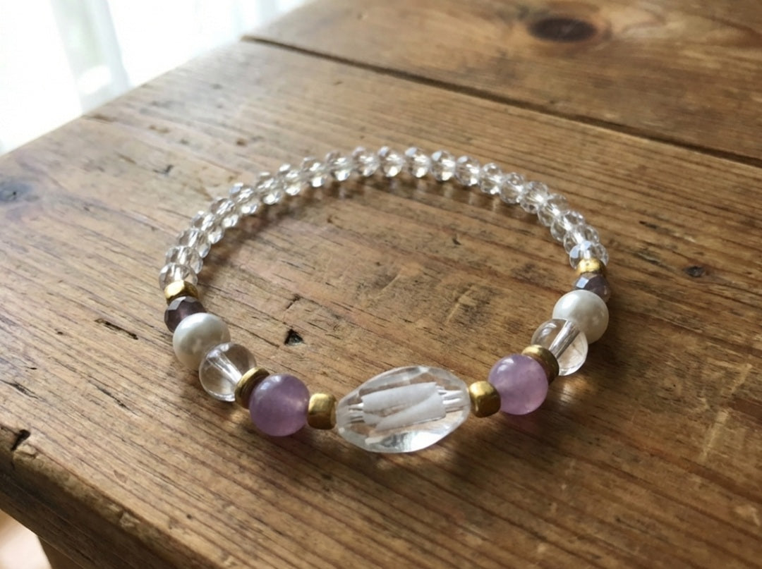 Handmade Beaded Bracelet - Lavender Amethyst-Style, Moonstone-Inspired & Pearl-Like Beads with Gold-Tone Accents and Clear Gemstone-Style Centerpiece