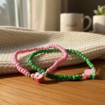Handmade Pink Green Beaded Bracelet Set, Apple & Strawberry Charm, Playful Boho Jewelry