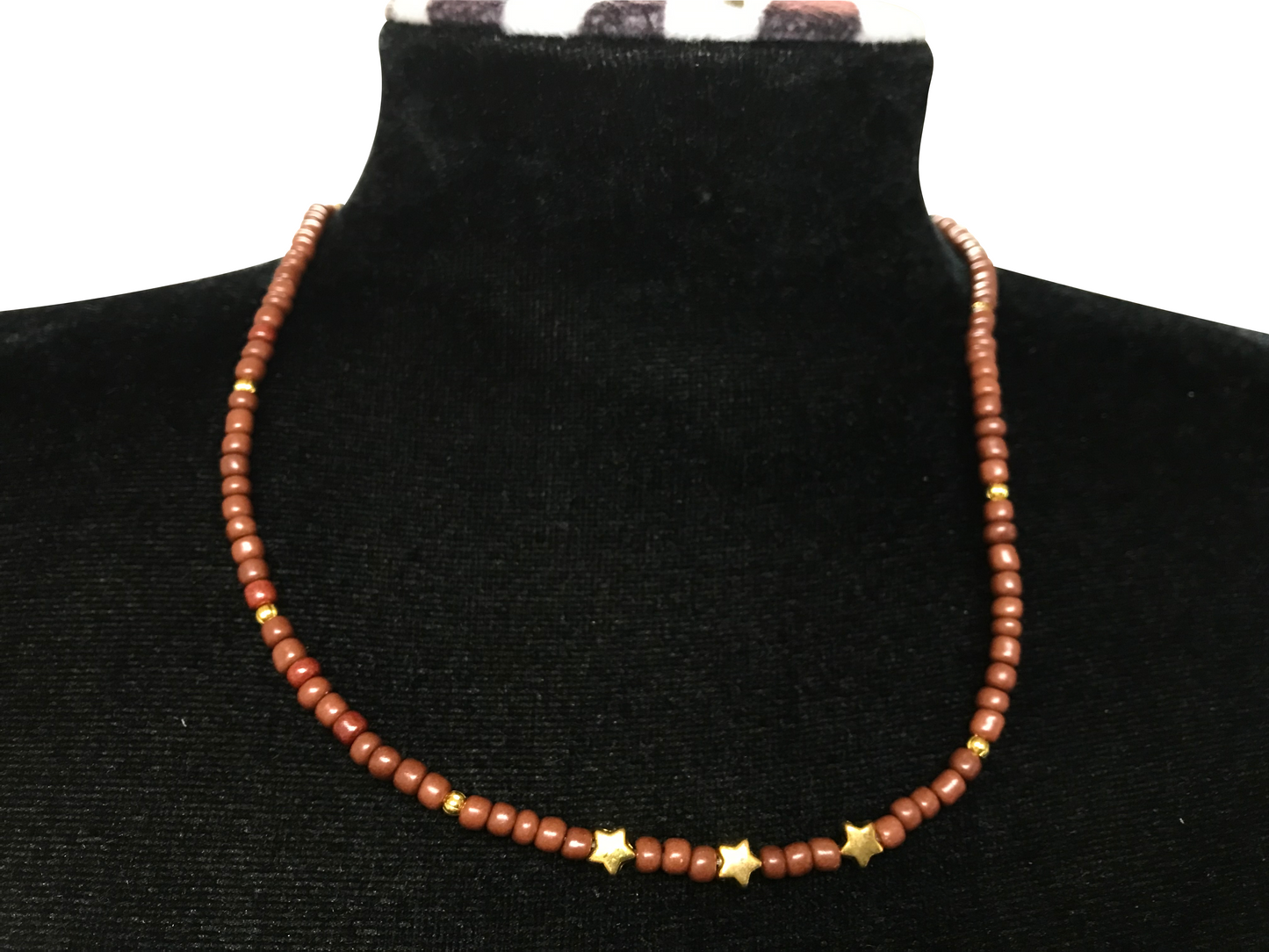 Brown Seed Bead Necklace with Gold Star Charms, Dainty Celestial Jewelry