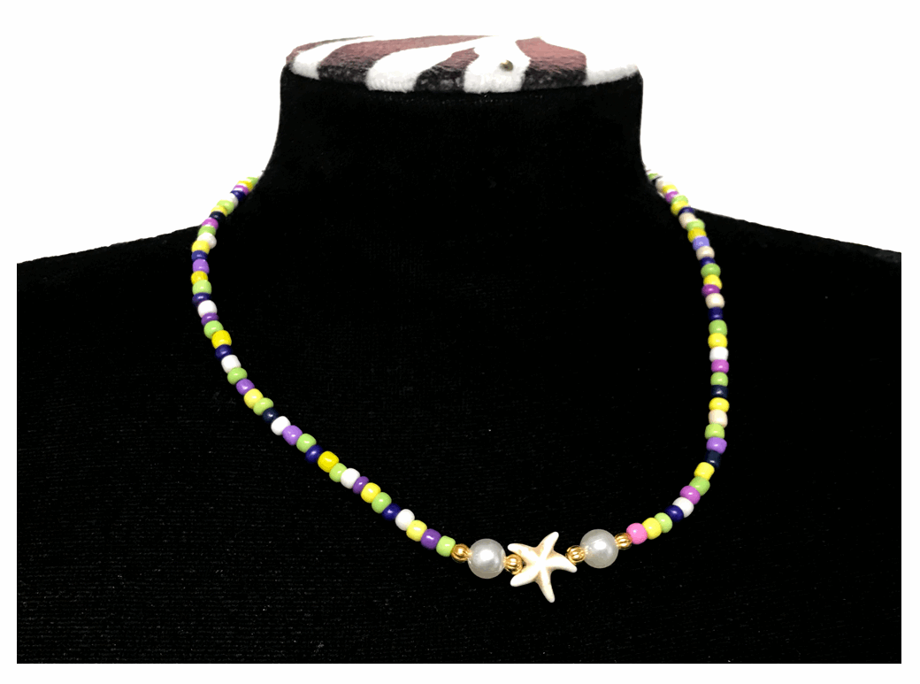 Handcrafted Coastal Starfish Beaded Necklace, Metal-Plated Clasp w/ Extension Chain