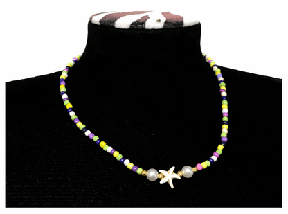 Handcrafted Coastal Starfish Beaded Necklace, Metal-Plated Clasp w/ Extension Chain