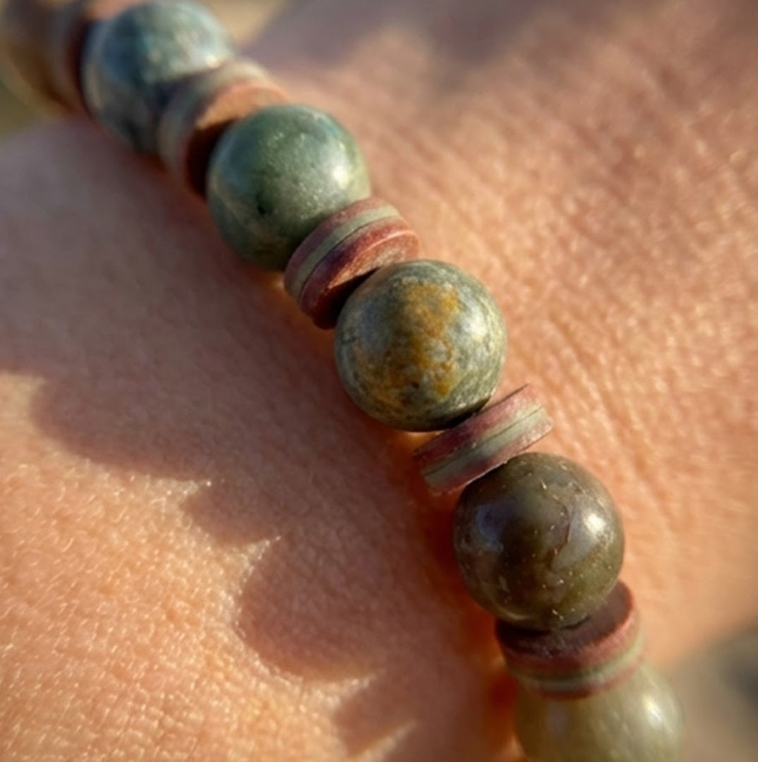 Handmade Bracelet – Green Stone-Style Beads with Brown & Cream Disc Spacers – Boho Jewelry