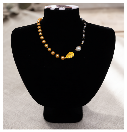 Handcrafted Classic Yellow Pearl-like Necklace w/ Crystal-style Beads, Metal-Plated Clasp w/ Extension Chain