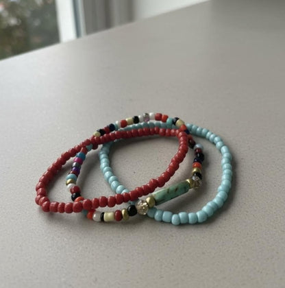Handmade 3-Piece Colorful Beaded Bracelet Set Red Blue Yellow Black White with Marbled Accent Gift
