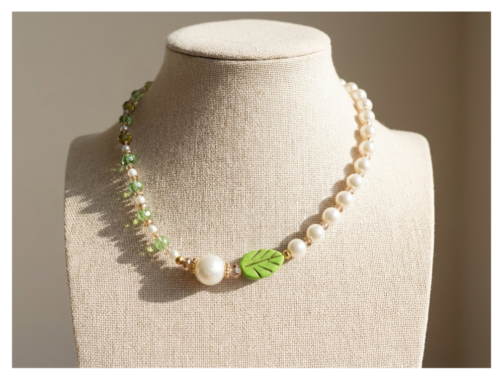 Handcrafted Spring Leaf Pearl-like Necklace with Faceted Crystal-style Beads, Metal-Plated Clasp w/ Extension Chain