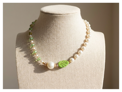 Handcrafted Spring Leaf Pearl-like Necklace with Faceted Crystal-style Beads, Metal-Plated Clasp w/ Extension Chain