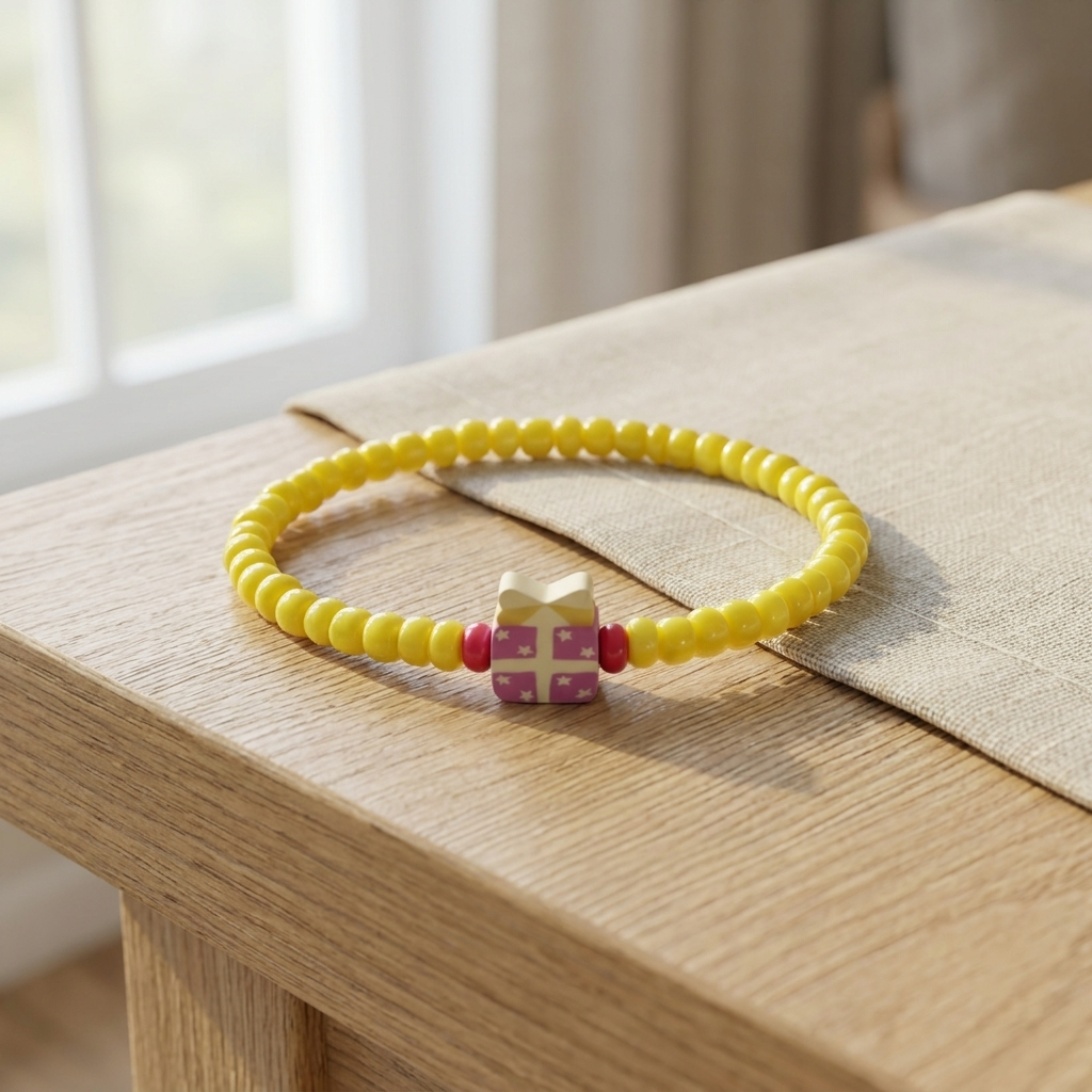 Yellow beaded bracelet with a pink and white charm on a wooden surface.