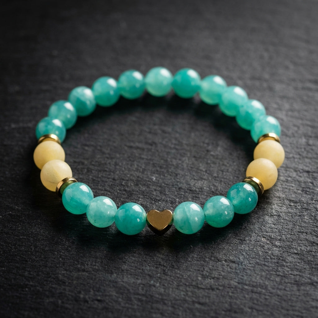 Beaded bracelet with green and beige beads on a dark surface