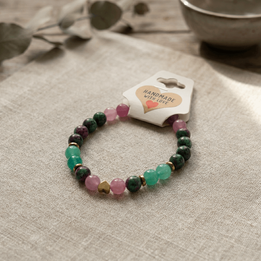 Ruby Zoisite Green Aventurine & Pink Jade Beaded Bracelet with Heart Charm Stretch Boho Gemstone Natural Stone Jewelry