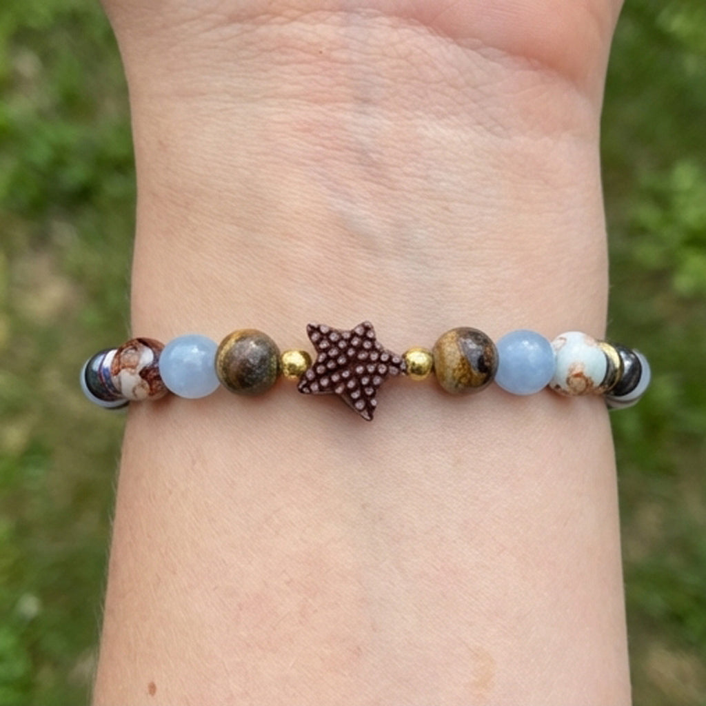 Bracelet with beads and a leaf charm on a wrist against a blurred green background