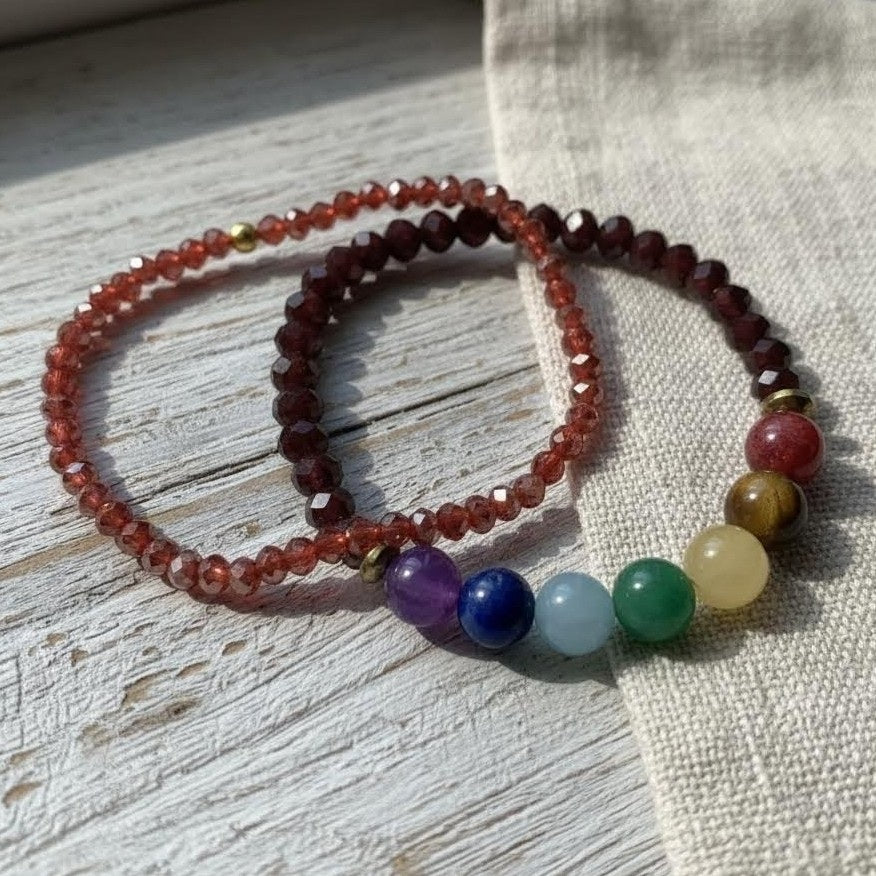 Set of beaded bracelets on a wooden surface