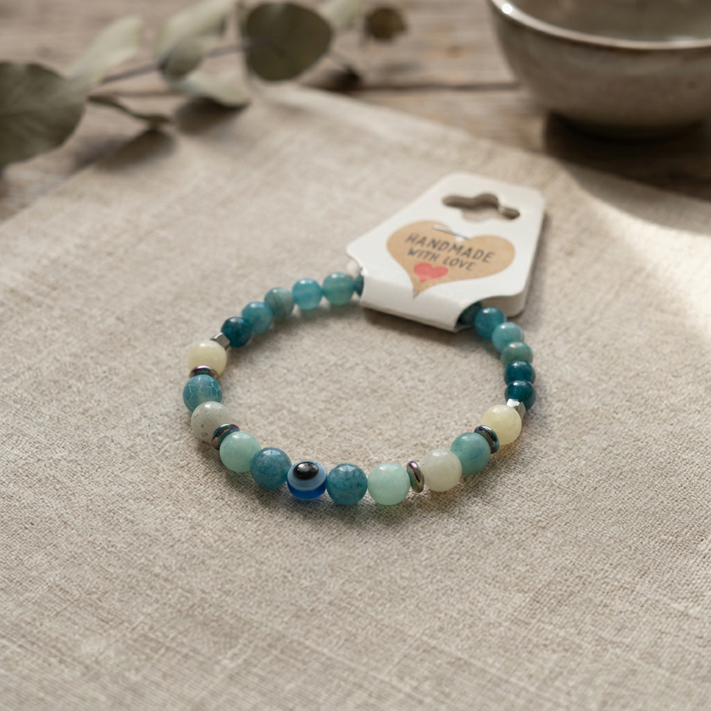 Handmade Amazonite Natural Gemstone Beaded Bracelet Crystal Blue and White Stone Boho Style Stacking Jewelry