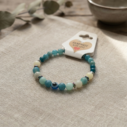 Handmade Amazonite Natural Gemstone Beaded Bracelet Crystal Blue and White Stone Boho Style Stacking Jewelry