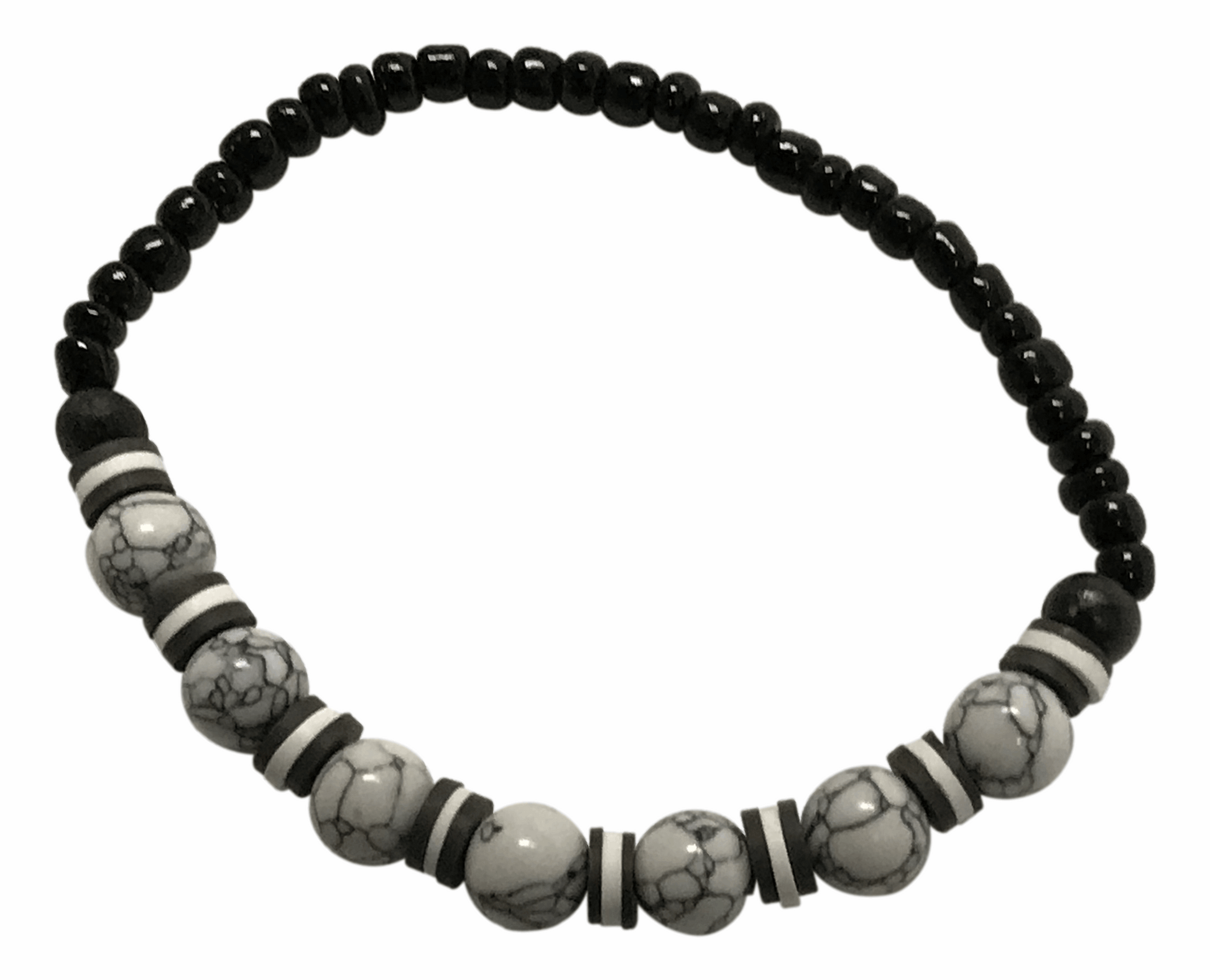 Haandmade White Howlite Turquoise & Black Onyx Stretch Bracelet, Black White Heishi Polymer Clay Spacer Beads, Boho Stone Jewelry