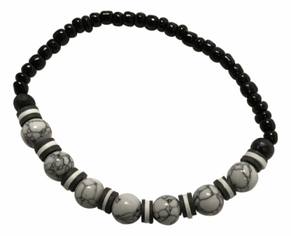 Haandmade White Howlite Turquoise & Black Onyx Stretch Bracelet, Black White Heishi Polymer Clay Spacer Beads, Boho Stone Jewelry