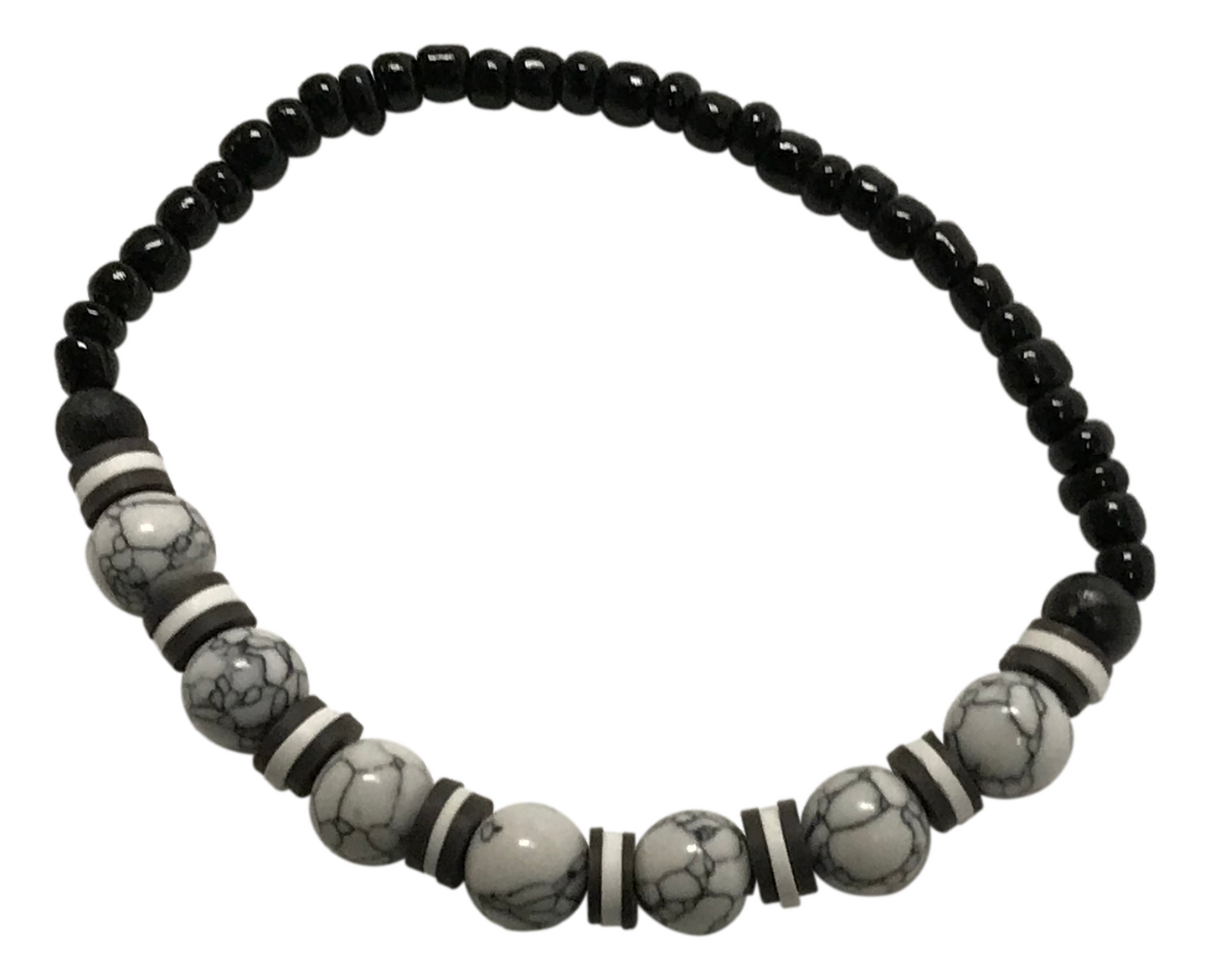 Handmade Beaded White Howlite-style & Black Onyx-style Stretch Bracelet, Boho Jewelry