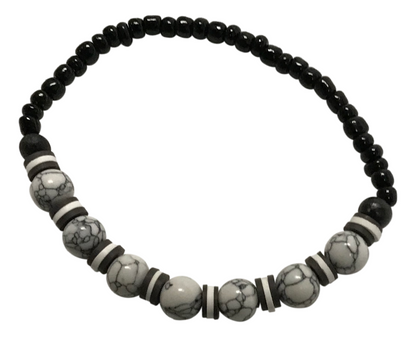 Handmade Beaded White Howlite-style & Black Onyx-style Stretch Bracelet, Boho Jewelry
