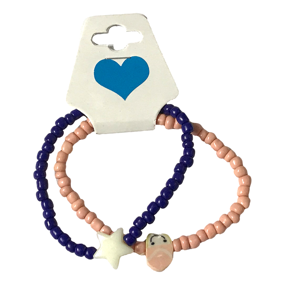 Two beaded bracelets with charms on a card featuring a blue heart design.