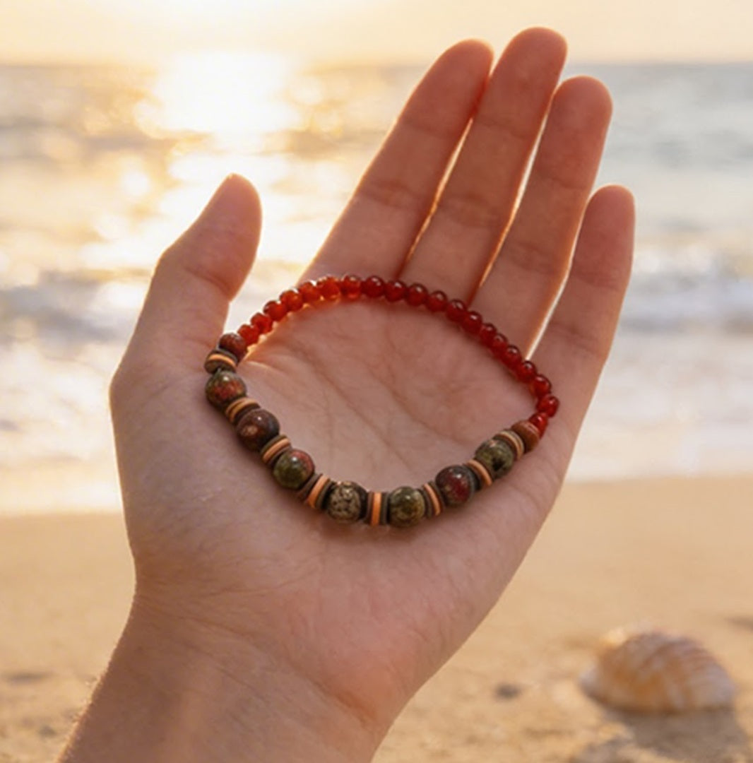 Handmade Beaded Bracelet – Earthy Green, Brown & Red Beads Tones with Tan Disc Spacers
