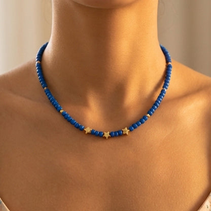 Royal Blue Beaded Star Necklace with Gold Accents – Minimalist Choker Jewelry