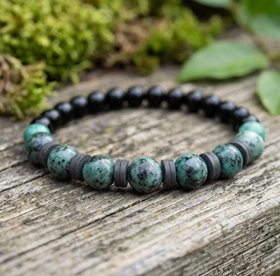 Handmade Boho Bracelet - Greenish-Gray Speckled K2-Style Beads with Dark Spacer Accents & Gray Heishi