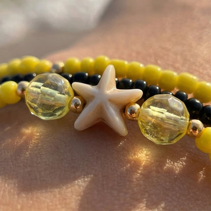 Handmade Yellow Black Beaded Bracelet Set, Starfish Charm, Boho Ocean Jewelry