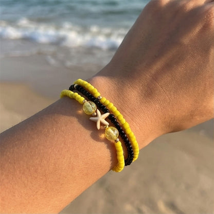 Handmade Yellow Black Beaded Bracelet Set, Starfish Charm, Boho Ocean Jewelry