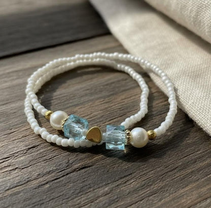 Handmade White Beaded Bracelet with Blue Cube Beads, Pearl Accents & Gold-Tone Spacers - Cute Friendship Jewelry Gift