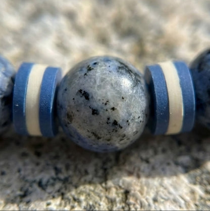 Handmade Bracelet – K2-Style & Azurite-Like Granite Beads with Blue & White Heishi Polymer Clay Spacers – Boho Style