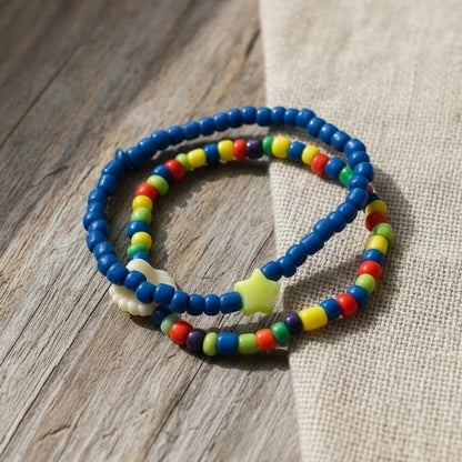 Colorful beaded bracelet on a wooden surface