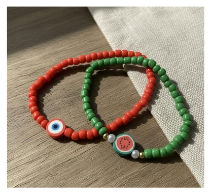 Handmade Red and Teal Green Beaded Bracelets with Candy-like and Watermelon Slice Charms, Teen Jewelry, Novelty Bracelet