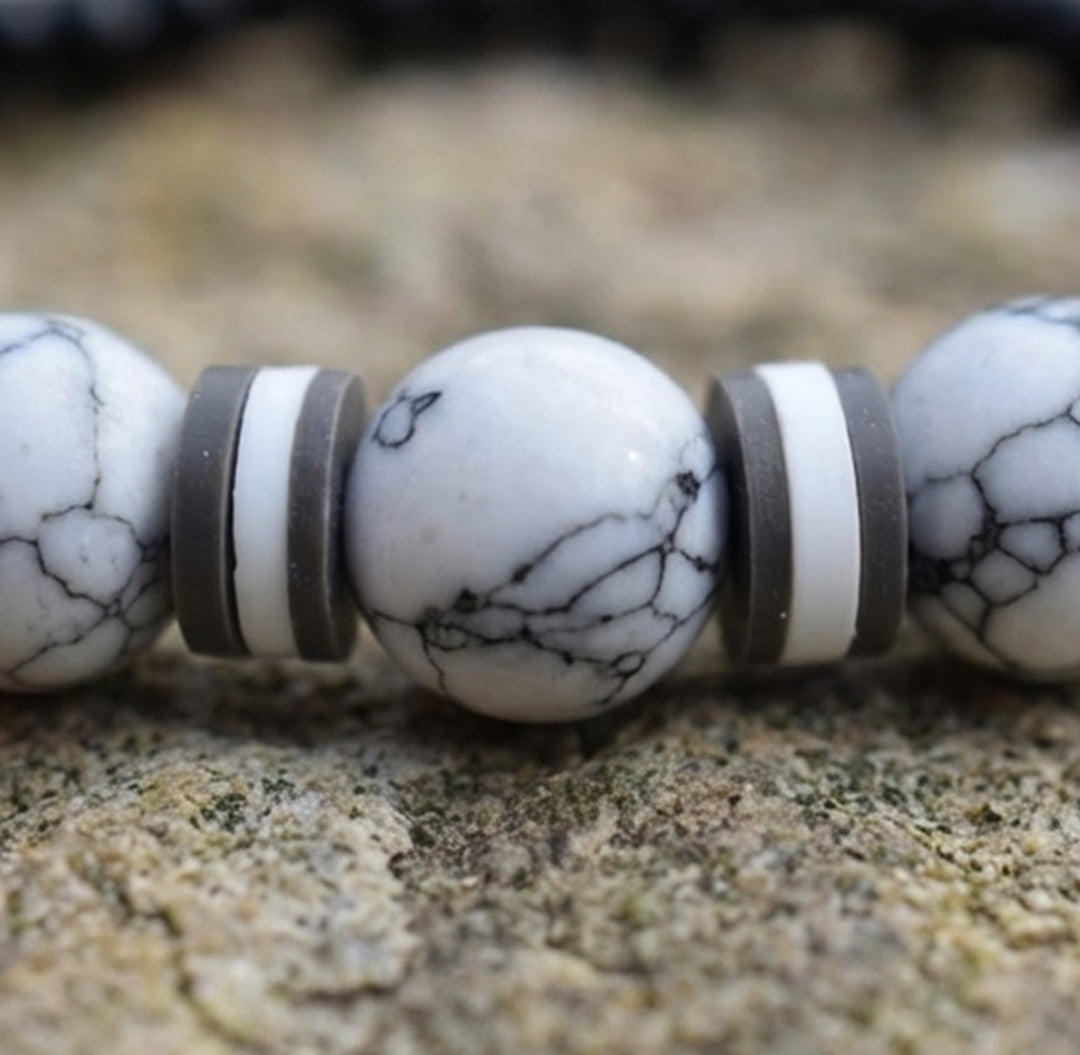 Handmade Beaded White Howlite-style & Black Onyx-style Stretch Bracelet, Boho Jewelry