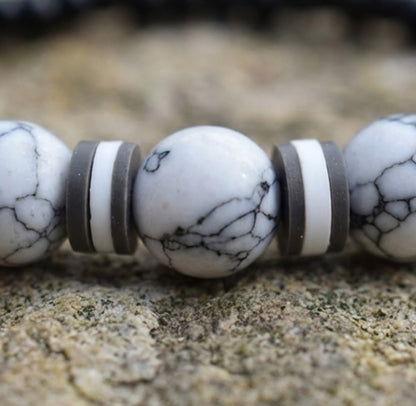 Handmade Beaded White Howlite-style & Black Onyx-style Stretch Bracelet, Boho Jewelry